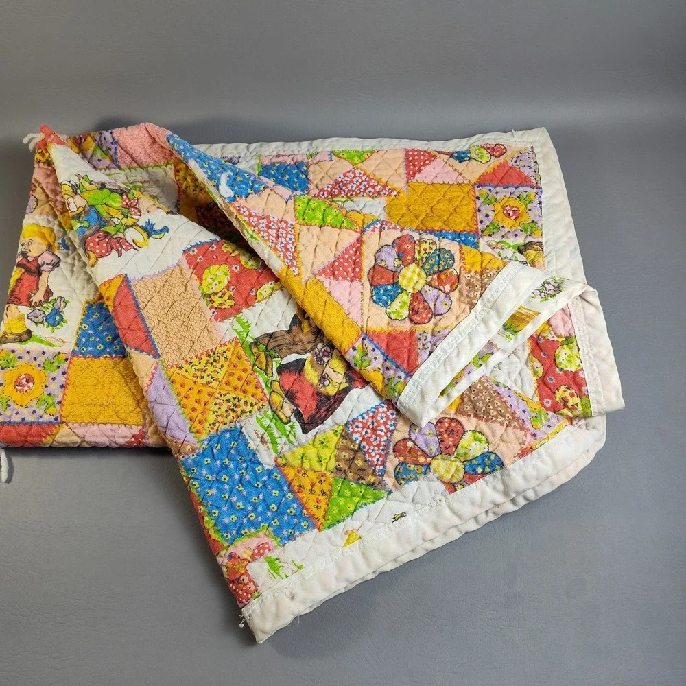 Vintage 1970s Hollie Hobbie Style Patchwork Quilt Blanket Handmade 52x44 Retro